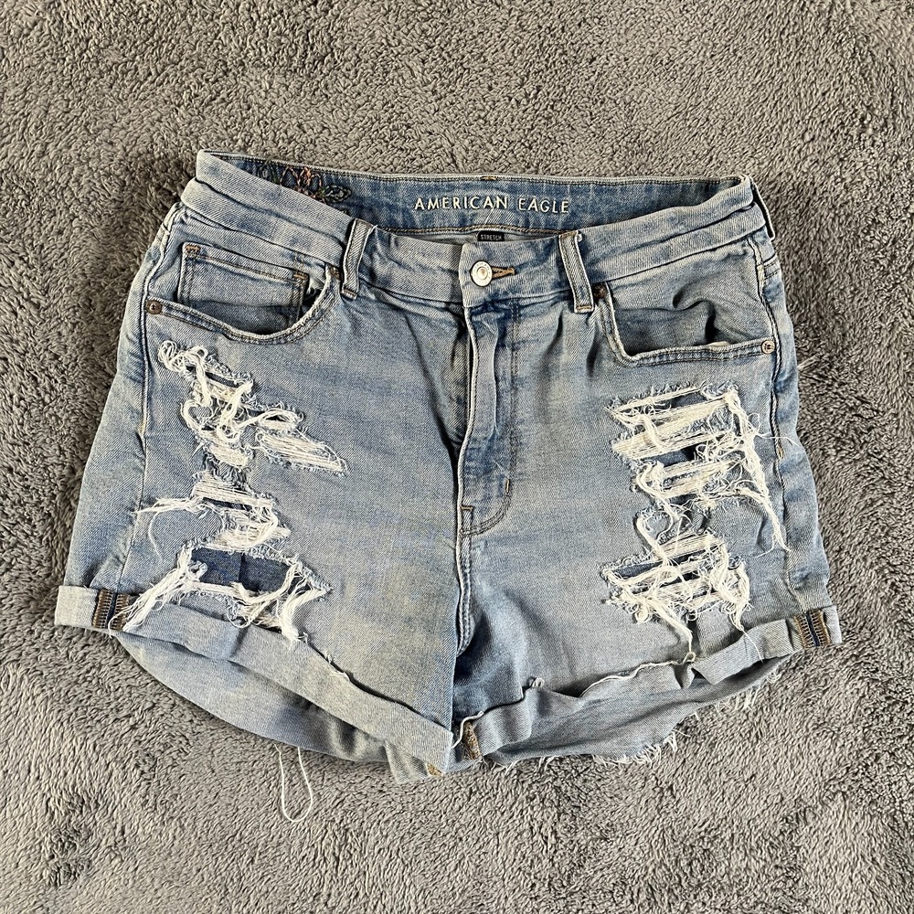 American Eagle Curvy Mom Shorts Womens 12 Blue Denim High Rise Distressed Grunge